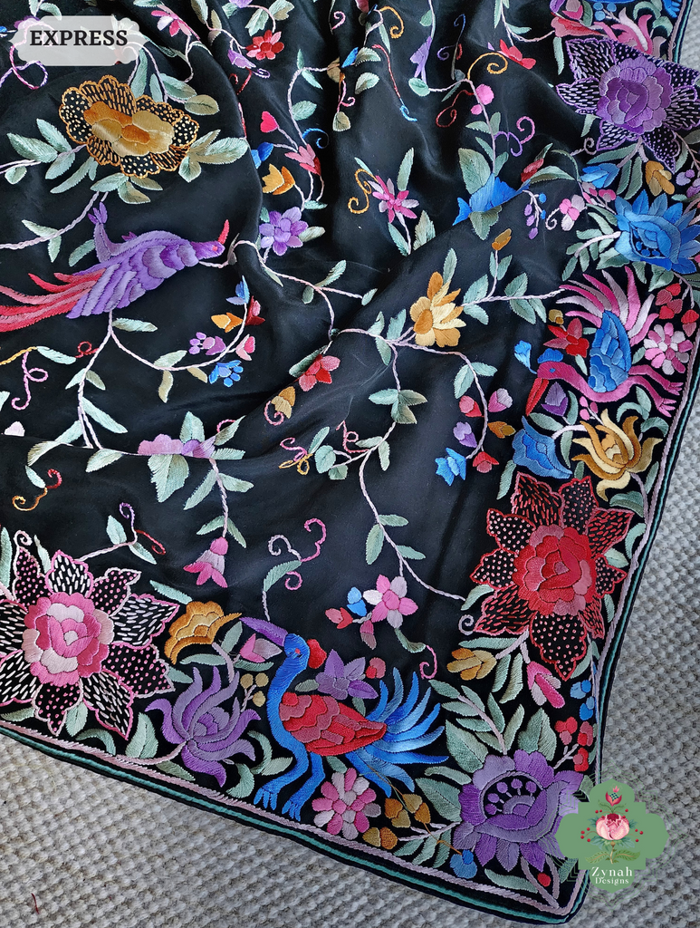 Zynah Made To Order Black Crepe Silk Hand Embroidered Authentic Parsi Gara Saree With Jaal Pallu; Custom Stitched/Ready-made Blouse, Fall, Petticoat; SKU: 0901202501