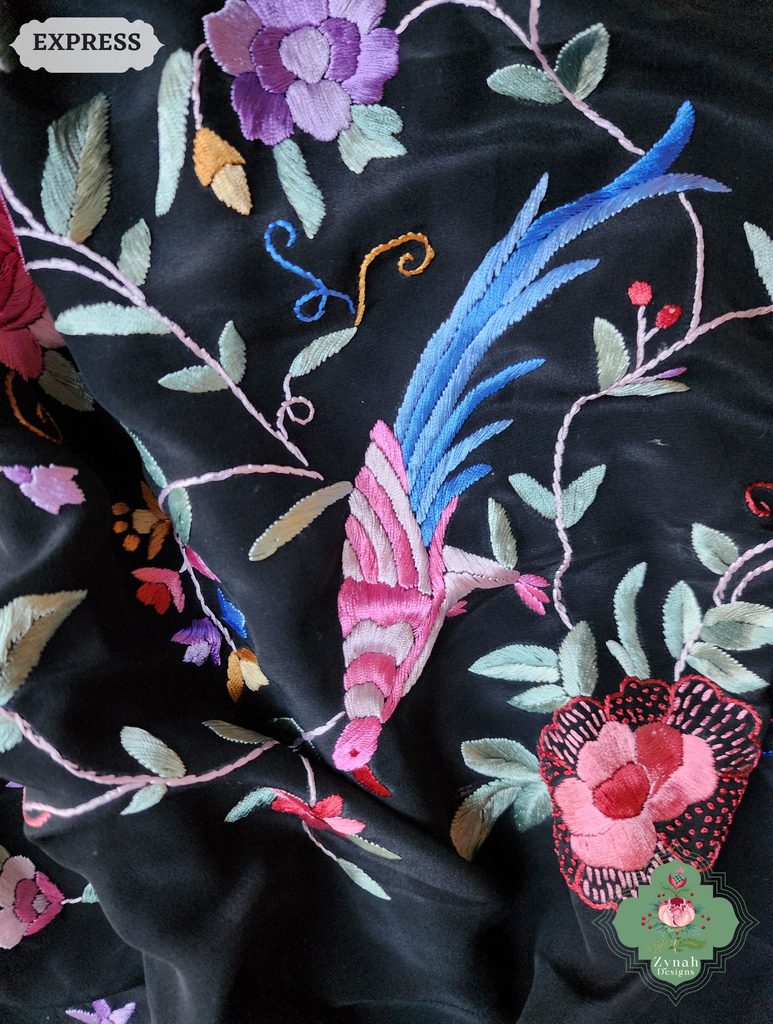 Zynah Made To Order Black Crepe Silk Hand Embroidered Authentic Parsi Gara Saree With Jaal Pallu; Custom Stitched/Ready-made Blouse, Fall, Petticoat; SKU: 0901202501