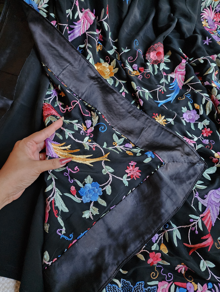 Zynah Made To Order Black Crepe Silk Hand Embroidered Authentic Parsi Gara Saree With Jaal Pallu; Custom Stitched/Ready-made Blouse, Fall, Petticoat; SKU: 0901202501