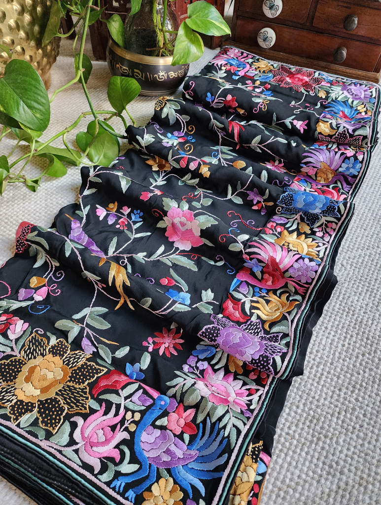 Zynah Made To Order Black Crepe Silk Hand Embroidered Authentic Parsi Gara Saree With Jaal Pallu; Custom Stitched/Ready-made Blouse, Fall, Petticoat; SKU: 0901202501