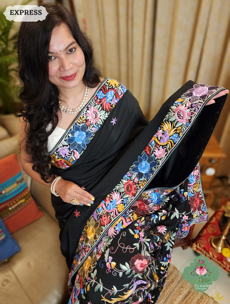 Zynah Made To Order Black Crepe Silk Hand Embroidered Authentic Parsi Gara Saree With Jaal Pallu; Custom Stitched/Ready-made Blouse, Fall, Petticoat; SKU: 0901202501