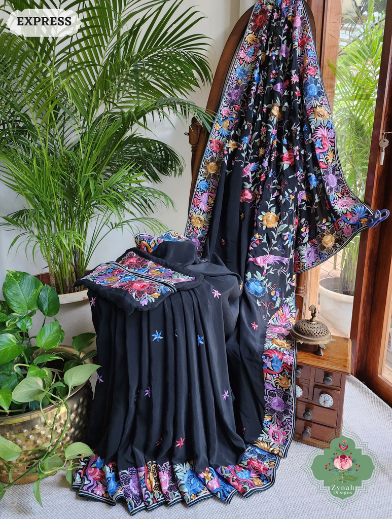 Zynah Made To Order Black Crepe Silk Hand Embroidered Authentic Parsi Gara Saree With Jaal Pallu; Custom Stitched/Ready-made Blouse, Fall, Petticoat; SKU: 0901202501