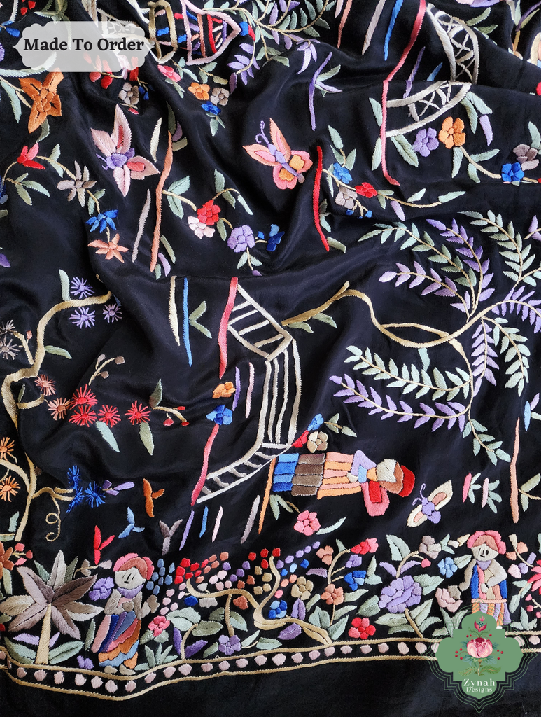 Black Crepe Silk Saree Hand Embroidered Parsi Gara Saree 10