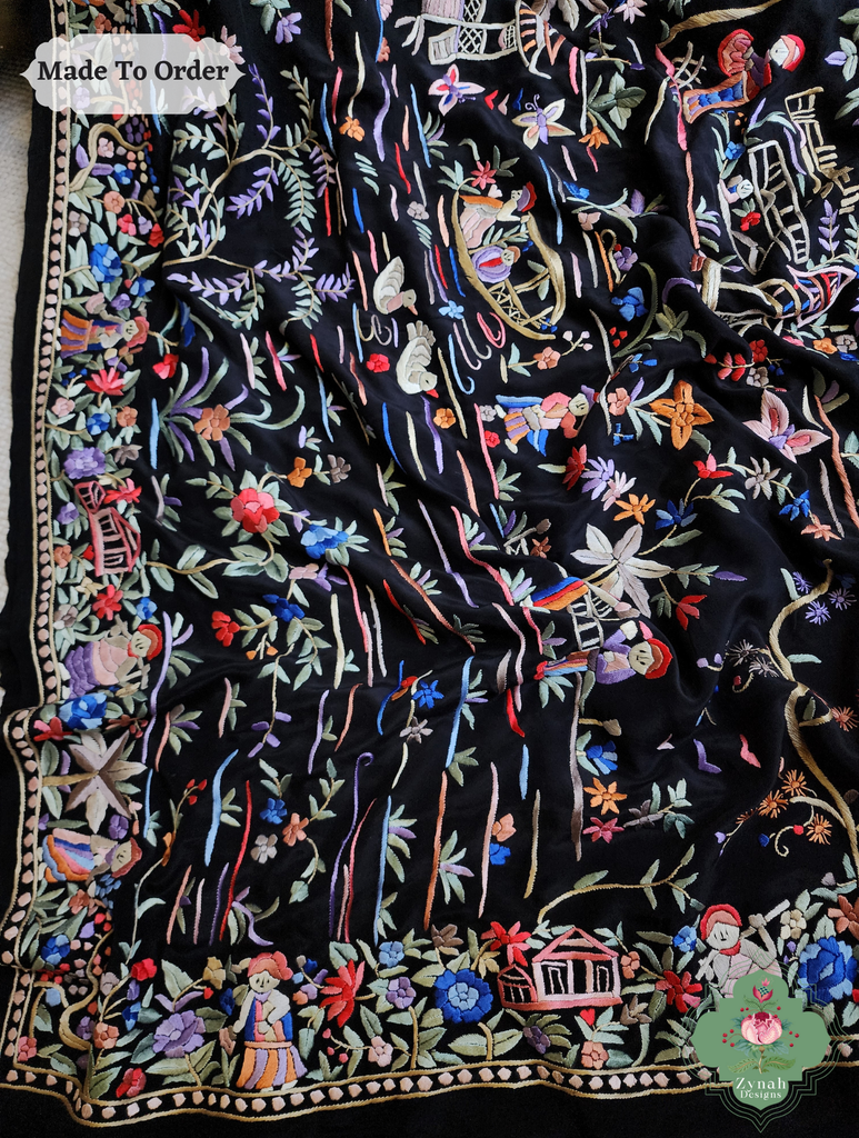 Black Crepe Silk Saree Hand Embroidered Parsi Gara Saree 11