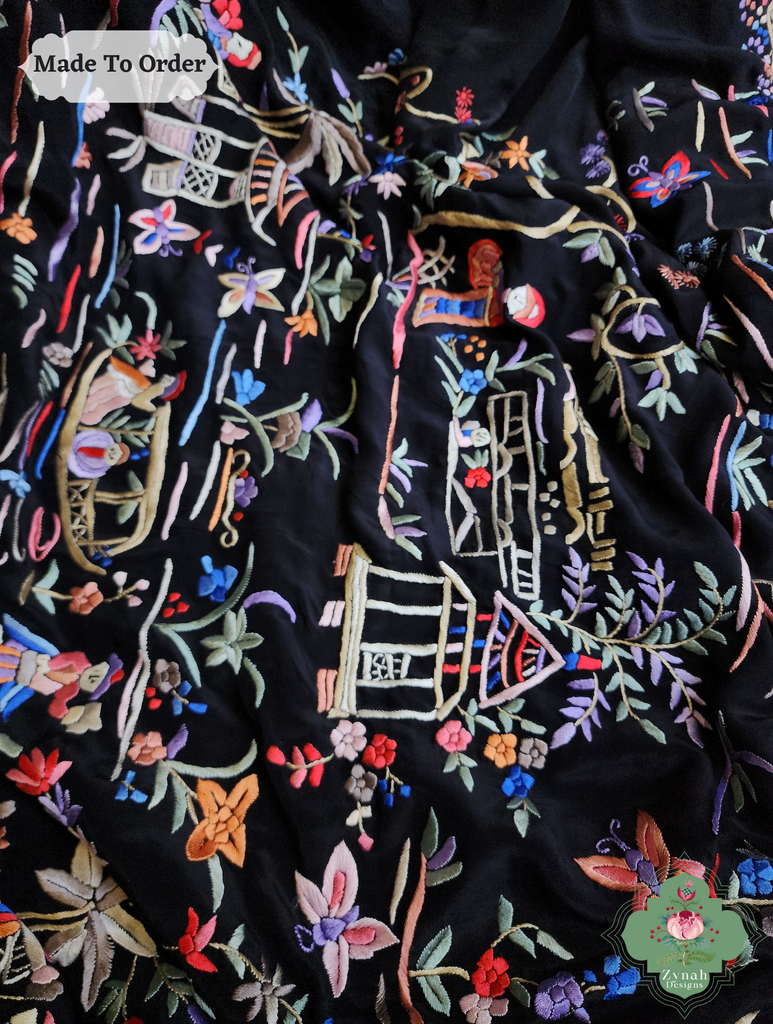 Black Crepe Silk Saree Hand Embroidered Parsi Gara Saree 12