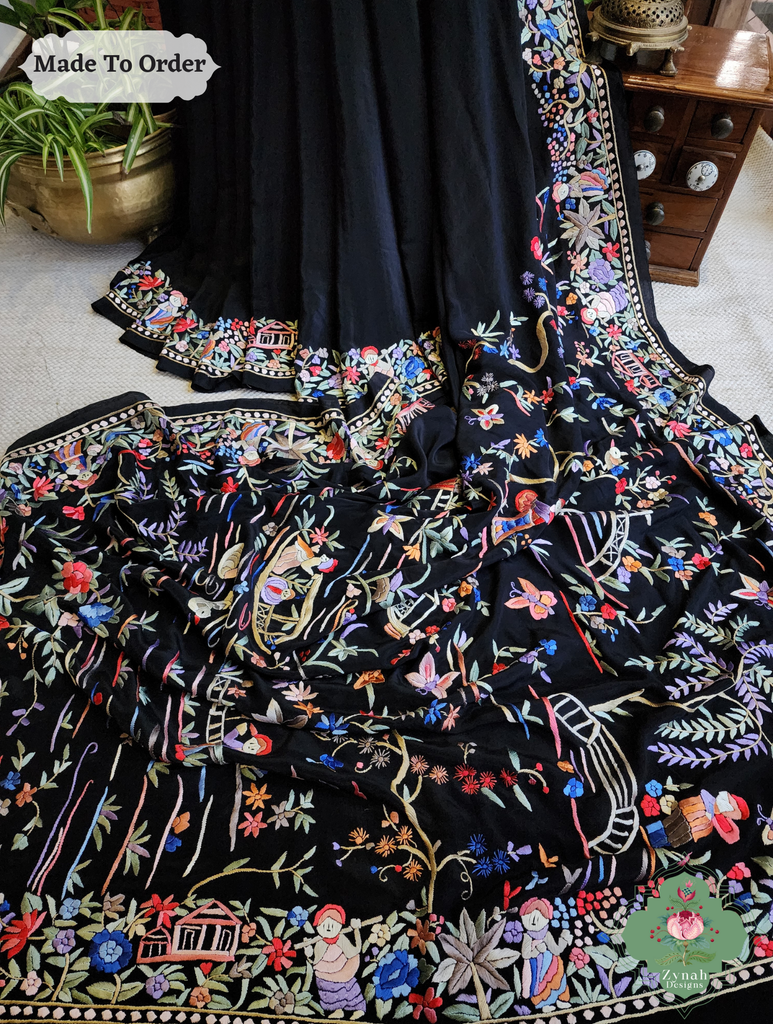 Black Crepe Silk Saree Hand Embroidered Parsi Gara Saree 3