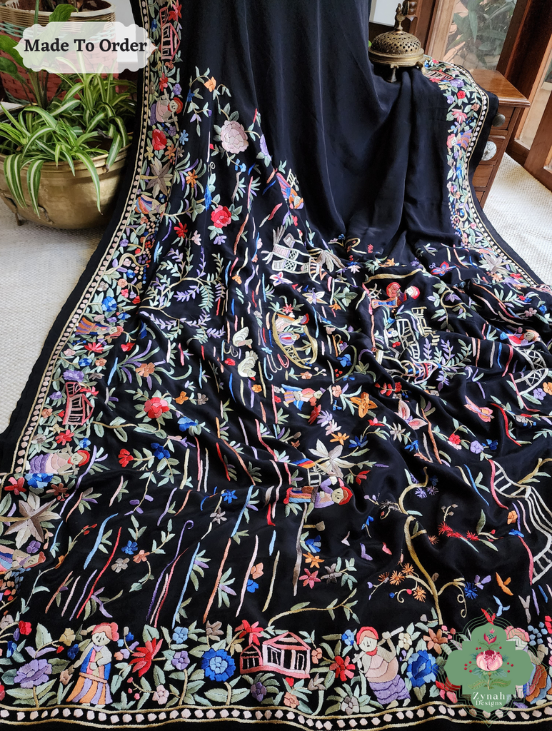 Black Crepe Silk Saree Hand Embroidered Parsi Gara Saree 5