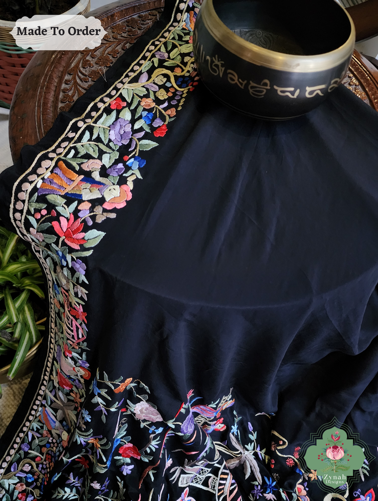 Black Crepe Silk Saree Hand Embroidered Parsi Gara Saree 6