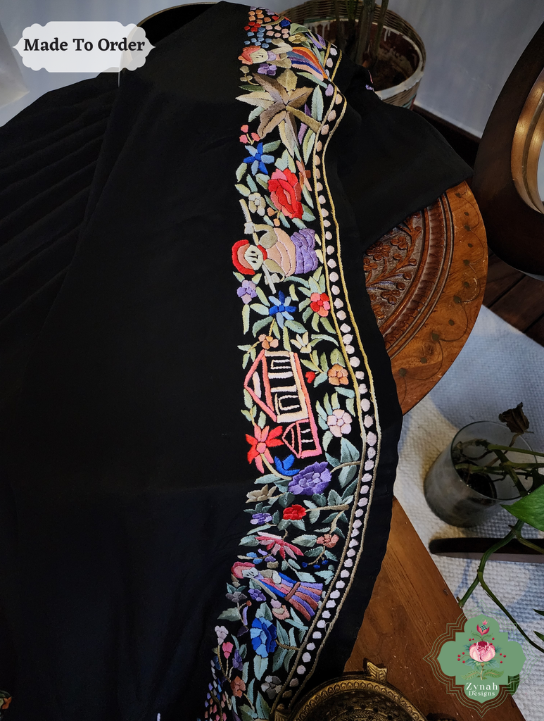 Black Crepe Silk Saree Hand Embroidered Parsi Gara Saree 7