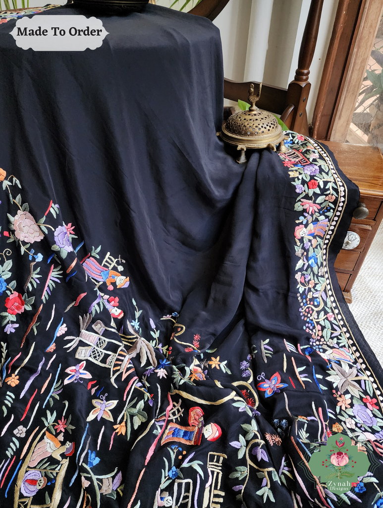Black Crepe Silk Saree Hand Embroidered Parsi Gara Saree 8