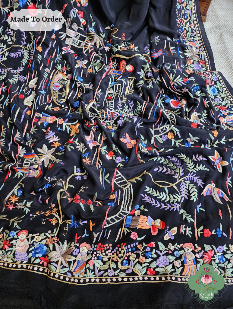 Black Crepe Silk Saree Hand Embroidered Parsi Gara Saree 9