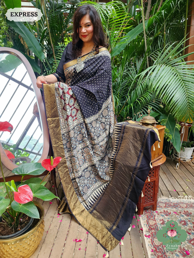 Zynah Black & Maroon Dola Silk Ajrakh Block Printed Saree With Zari Border; Custom Stitched/Ready-made Blouse, Fall, Petticoat; SKU: 1110202402