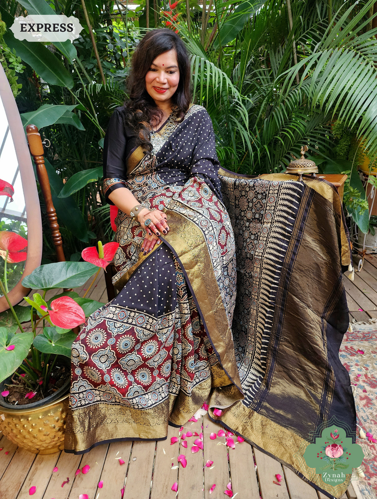 Zynah Black & Maroon Dola Silk Ajrakh Block Printed Saree With Zari Border; Custom Stitched/Ready-made Blouse, Fall, Petticoat; SKU: 1110202402