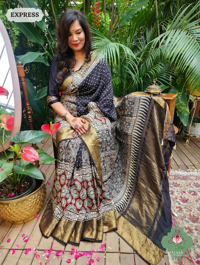 Zynah Black & Maroon Dola Silk Ajrakh Block Printed Saree With Zari Border; Custom Stitched/Ready-made Blouse, Fall, Petticoat; SKU: 1110202402