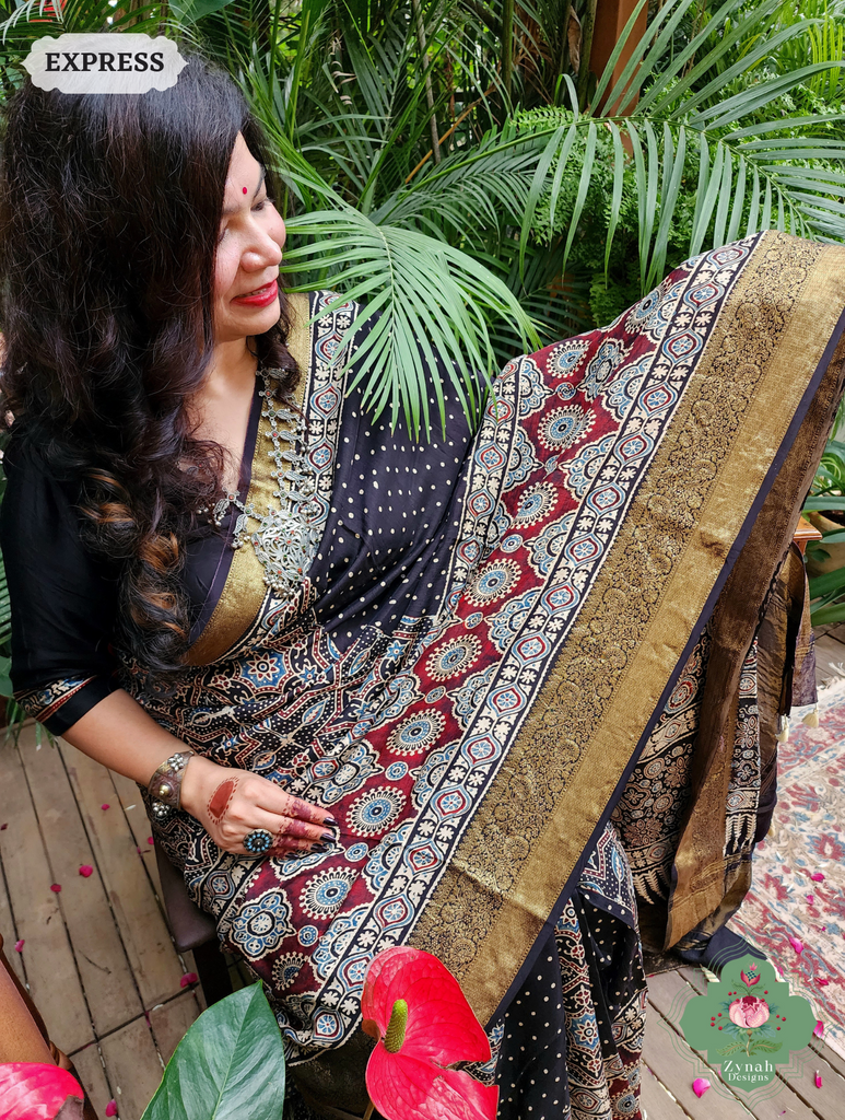 Zynah Black & Maroon Dola Silk Ajrakh Block Printed Saree With Zari Border; Custom Stitched/Ready-made Blouse, Fall, Petticoat; SKU: 1110202402