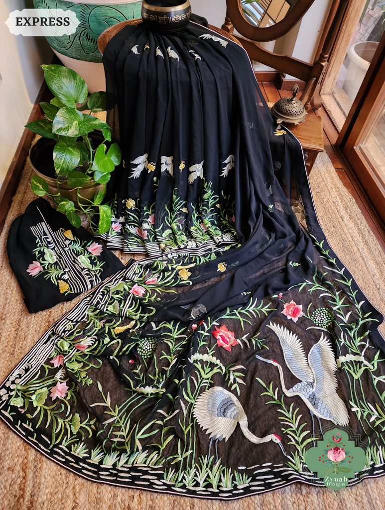 Zynah Black Pure Georgette Hand Embroidered Authentic Parsi Gara Saree; Custom Stitched/Ready-made Blouse, Fall, Petticoat; SKU: 2008202507