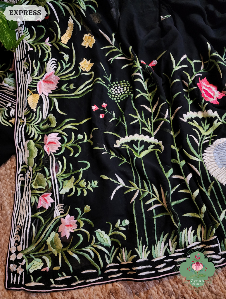 Zynah Black Pure Georgette Hand Embroidered Authentic Parsi Gara Saree; Custom Stitched/Ready-made Blouse, Fall, Petticoat; SKU: 2008202507