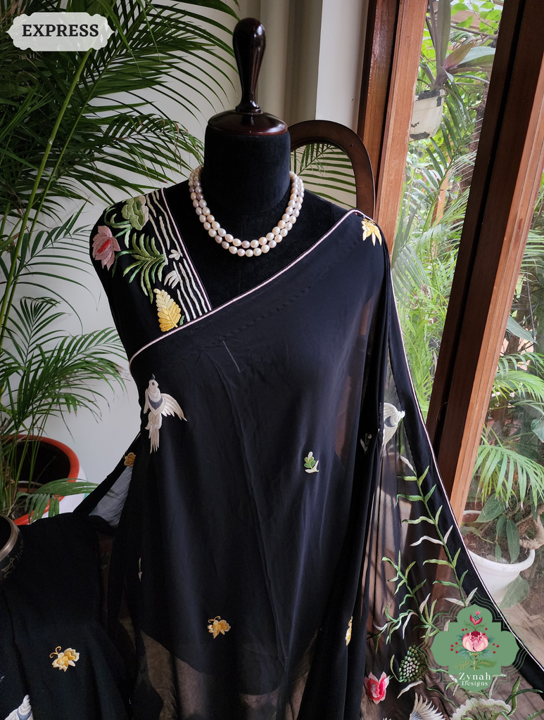 Zynah Black Pure Georgette Hand Embroidered Authentic Parsi Gara Saree; Custom Stitched/Ready-made Blouse, Fall, Petticoat; SKU: 2008202507