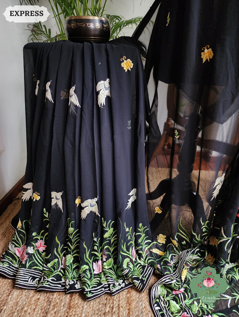 Zynah Black Pure Georgette Hand Embroidered Authentic Parsi Gara Saree; Custom Stitched/Ready-made Blouse, Fall, Petticoat; SKU: 2008202507