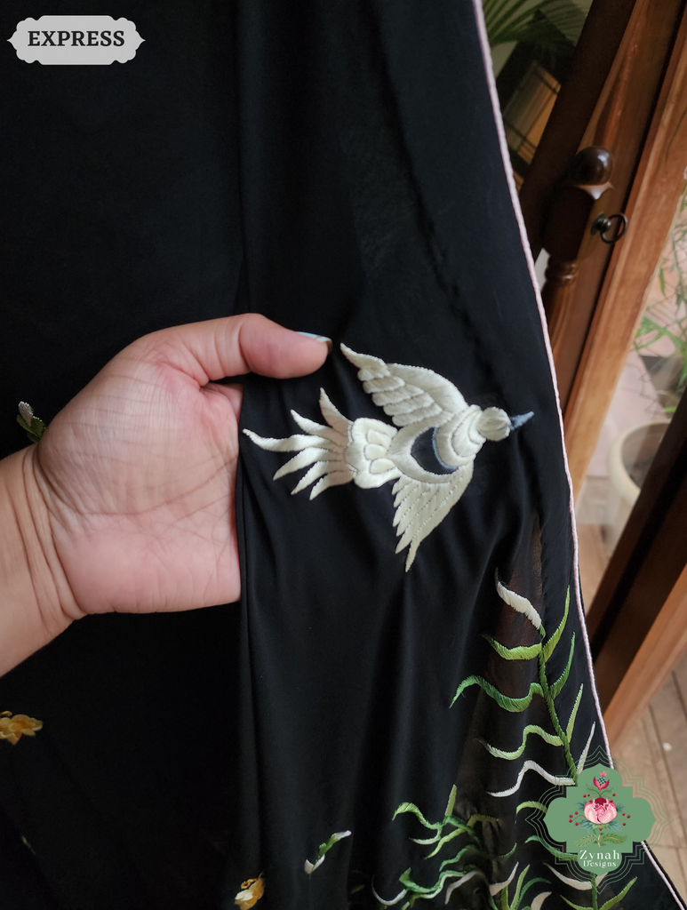 Zynah Black Pure Georgette Hand Embroidered Authentic Parsi Gara Saree; Custom Stitched/Ready-made Blouse, Fall, Petticoat; SKU: 2008202507