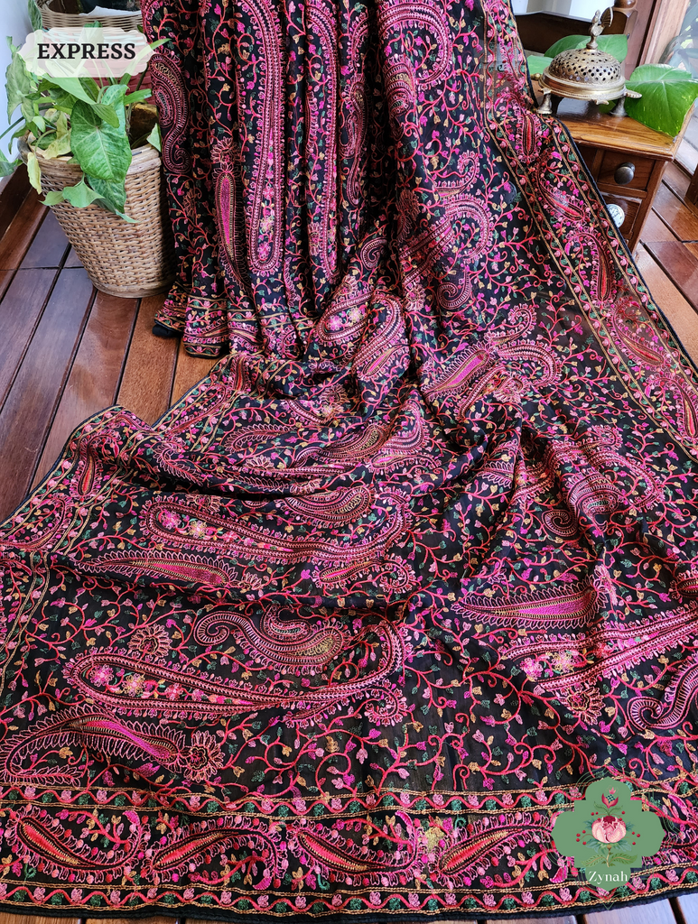Black Georgette Saree With Kashida Inspired Embroidery 1