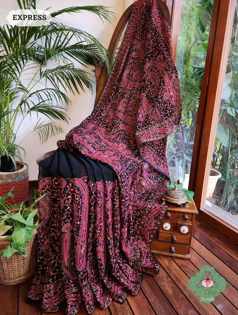 Black Georgette Saree With Kashida Inspired Embroidery 3