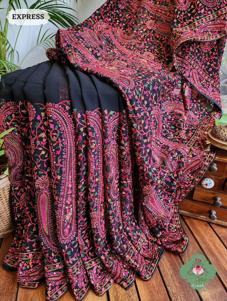 Black Georgette Saree With Kashida Inspired Embroidery 4