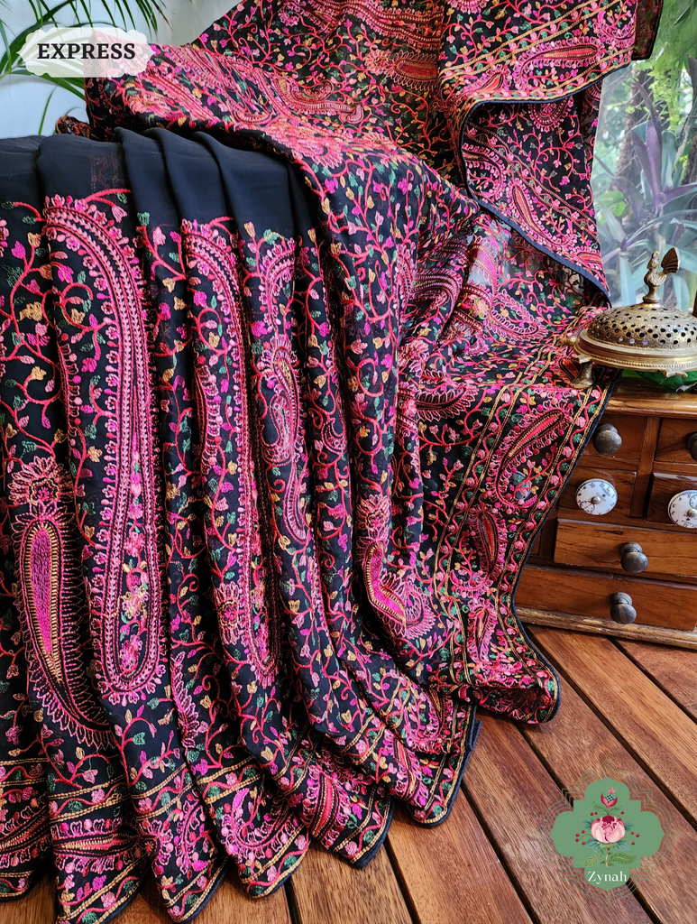 Black Georgette Saree With Kashida Inspired Embroidery 5
