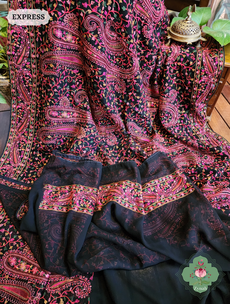 Black Georgette Saree With Kashida Inspired Embroidery 7