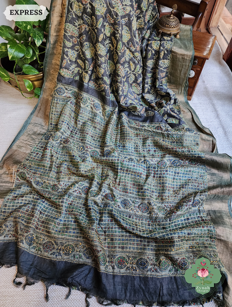 Zynah Black & Green Pure Tussar Silk Hand Block Print Ajrakh Saree With Hand Embroidery; Custom Stitched/Ready-made Blouse, Fall, Petticoat; SKU: 2409202501