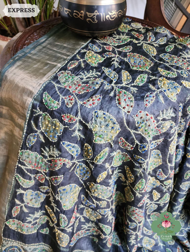 Zynah Black & Green Pure Tussar Silk Hand Block Print Ajrakh Saree With Hand Embroidery; Custom Stitched/Ready-made Blouse, Fall, Petticoat; SKU: 2409202501