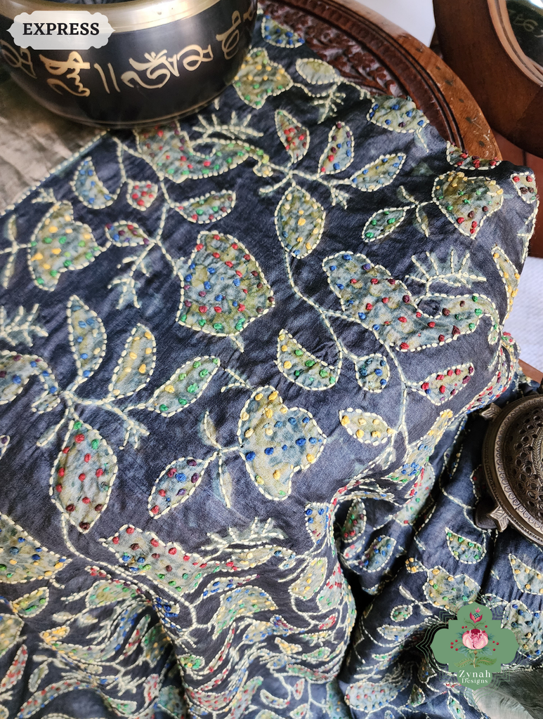 Zynah Black & Green Pure Tussar Silk Hand Block Print Ajrakh Saree With Hand Embroidery; Custom Stitched/Ready-made Blouse, Fall, Petticoat; SKU: 2409202501