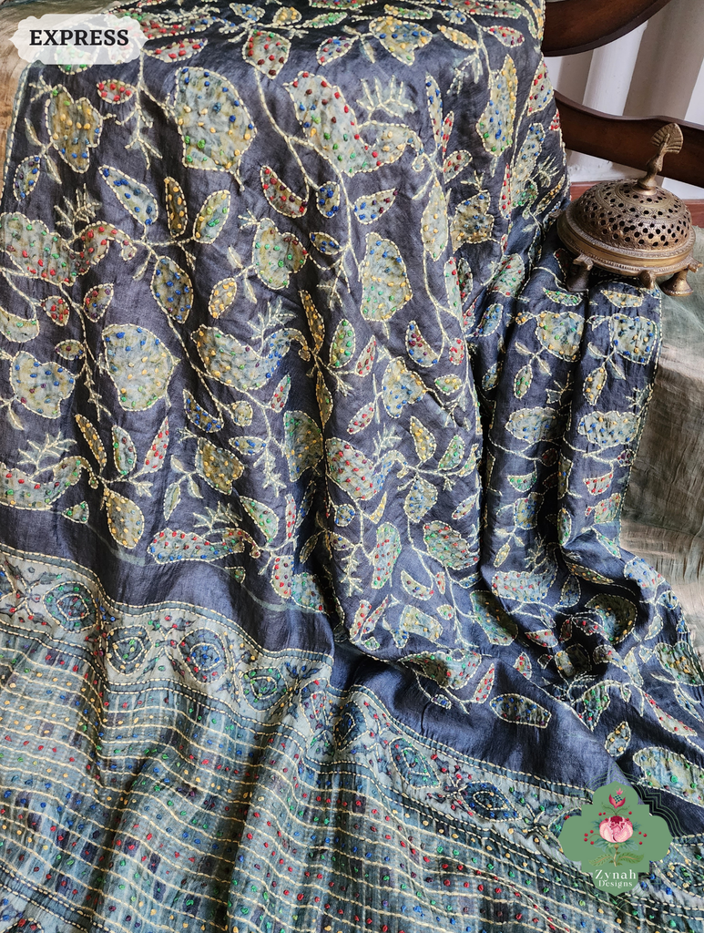Zynah Black & Green Pure Tussar Silk Hand Block Print Ajrakh Saree With Hand Embroidery; Custom Stitched/Ready-made Blouse, Fall, Petticoat; SKU: 2409202501