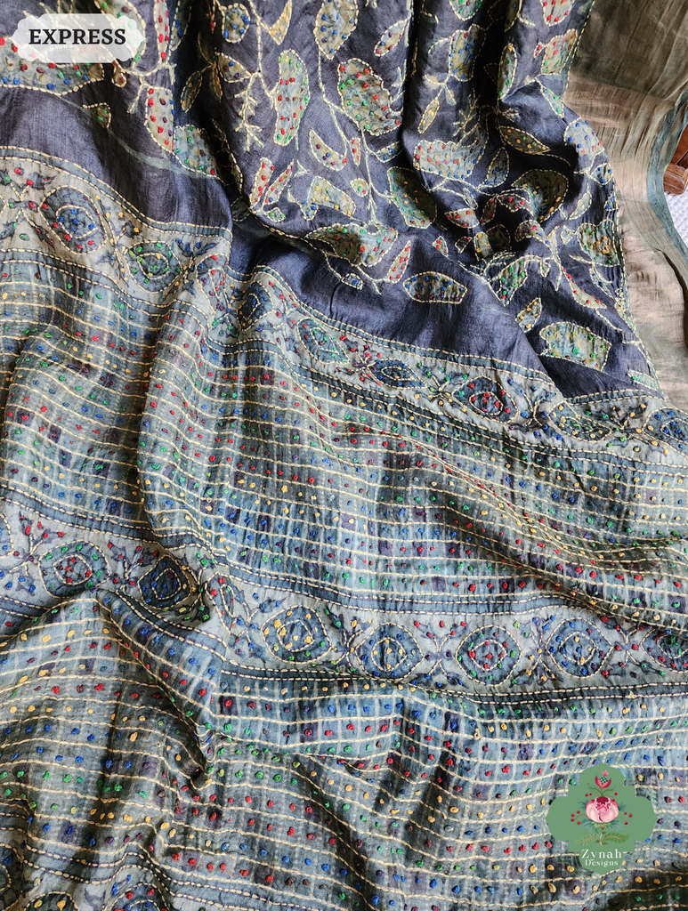 Zynah Black & Green Pure Tussar Silk Hand Block Print Ajrakh Saree With Hand Embroidery; Custom Stitched/Ready-made Blouse, Fall, Petticoat; SKU: 2409202501