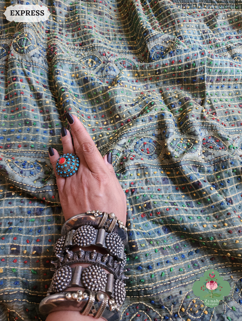 Zynah Black & Green Pure Tussar Silk Hand Block Print Ajrakh Saree With Hand Embroidery; Custom Stitched/Ready-made Blouse, Fall, Petticoat; SKU: 2409202501