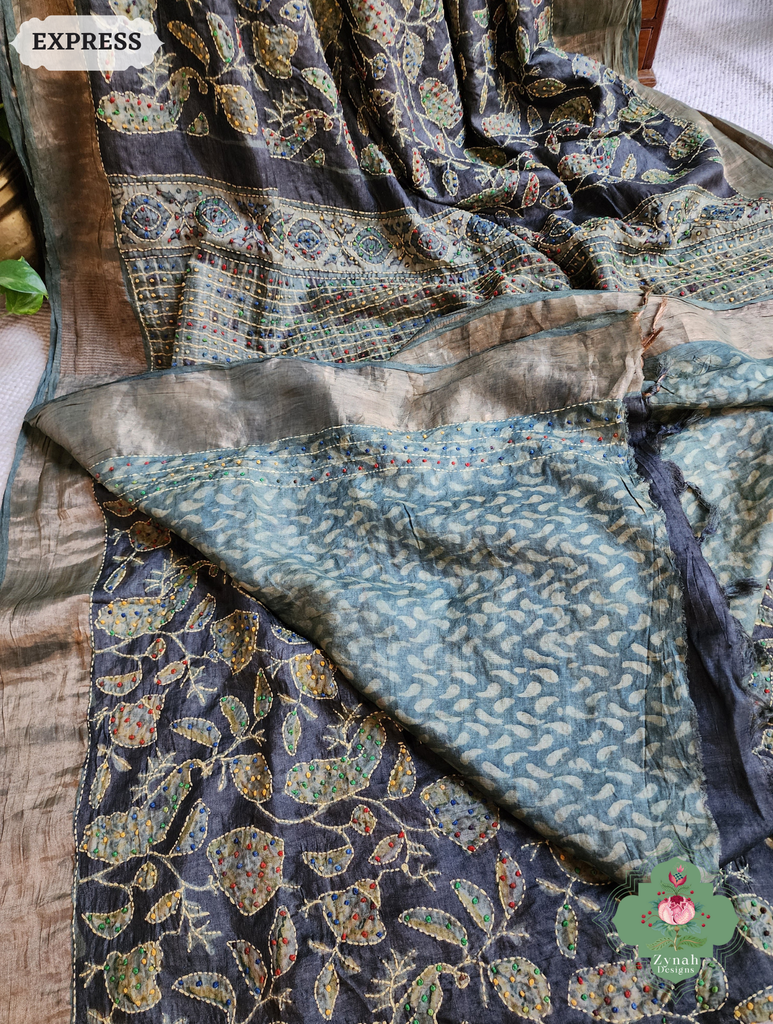 Zynah Black & Green Pure Tussar Silk Hand Block Print Ajrakh Saree With Hand Embroidery; Custom Stitched/Ready-made Blouse, Fall, Petticoat; SKU: 2409202501