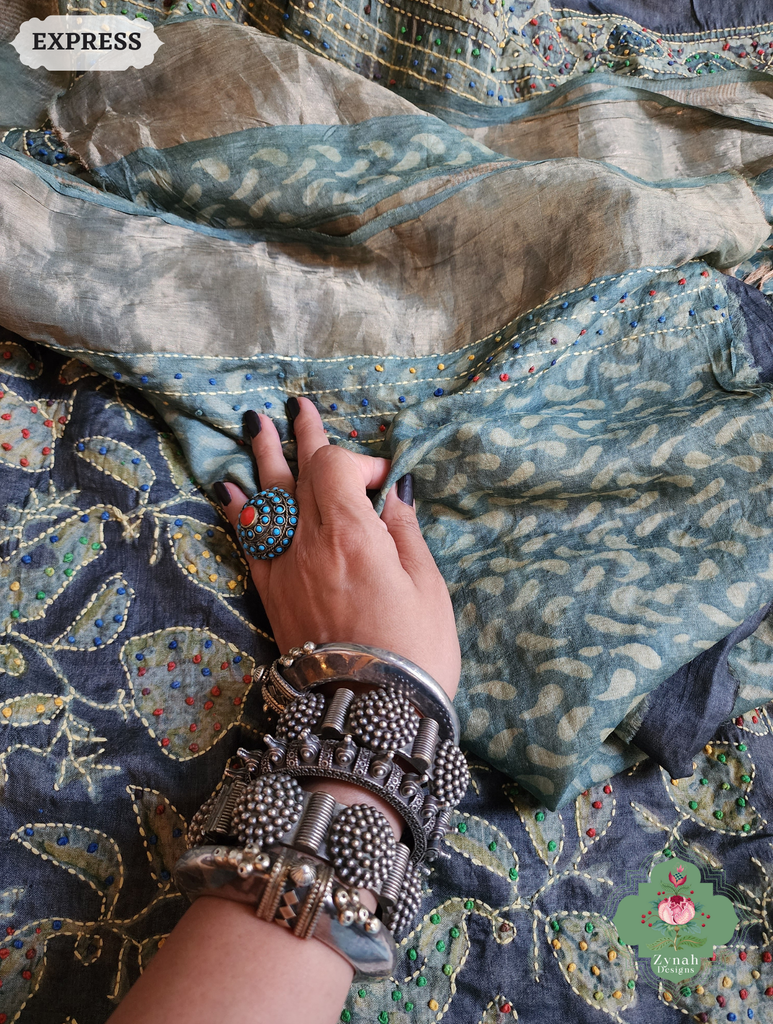 Zynah Black & Green Pure Tussar Silk Hand Block Print Ajrakh Saree With Hand Embroidery; Custom Stitched/Ready-made Blouse, Fall, Petticoat; SKU: 2409202501