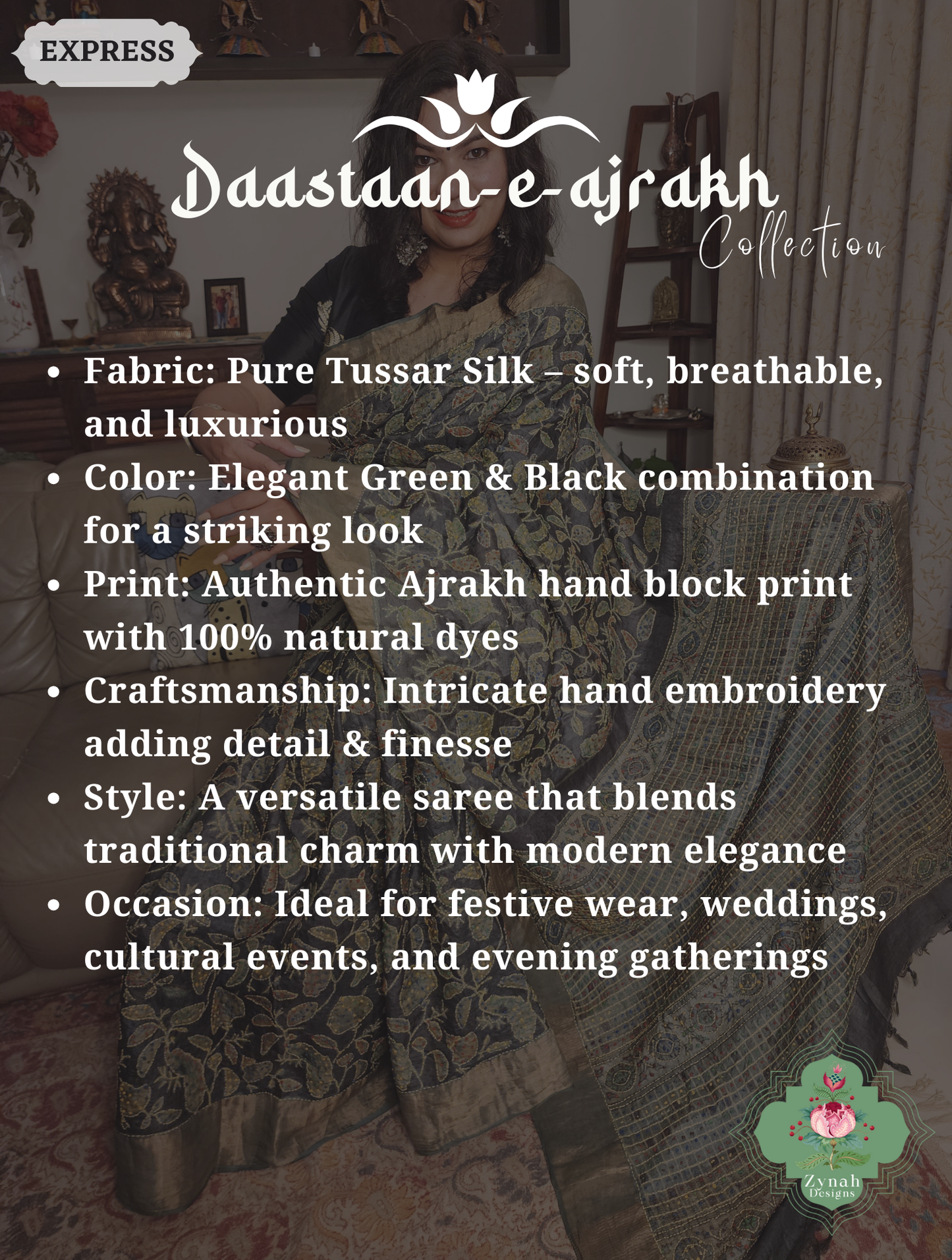 Zynah Black & Green Pure Tussar Silk Hand Block Print Ajrakh Saree With Hand Embroidery; Custom Stitched/Ready-made Blouse, Fall, Petticoat; SKU: 2409202501