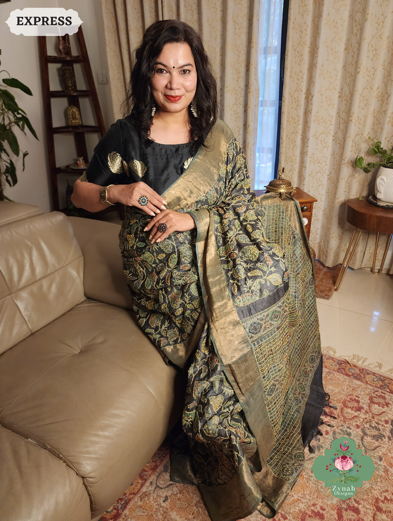 Zynah Black & Green Pure Tussar Silk Hand Block Print Ajrakh Saree With Hand Embroidery; Custom Stitched/Ready-made Blouse, Fall, Petticoat; SKU: 2409202501