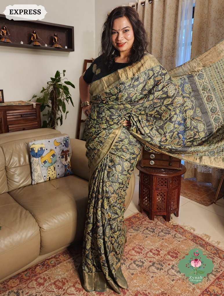 Zynah Black & Green Pure Tussar Silk Hand Block Print Ajrakh Saree With Hand Embroidery; Custom Stitched/Ready-made Blouse, Fall, Petticoat; SKU: 2409202501