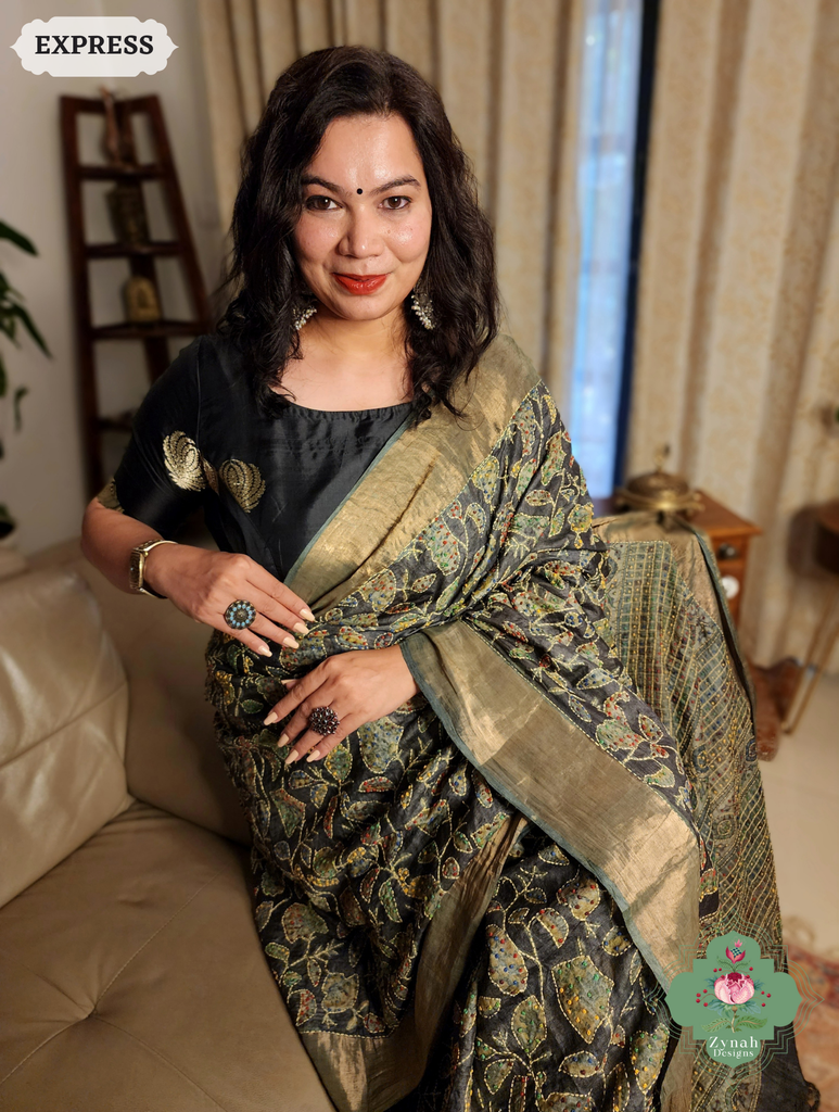 Zynah Black & Green Pure Tussar Silk Hand Block Print Ajrakh Saree With Hand Embroidery; Custom Stitched/Ready-made Blouse, Fall, Petticoat; SKU: 2409202501