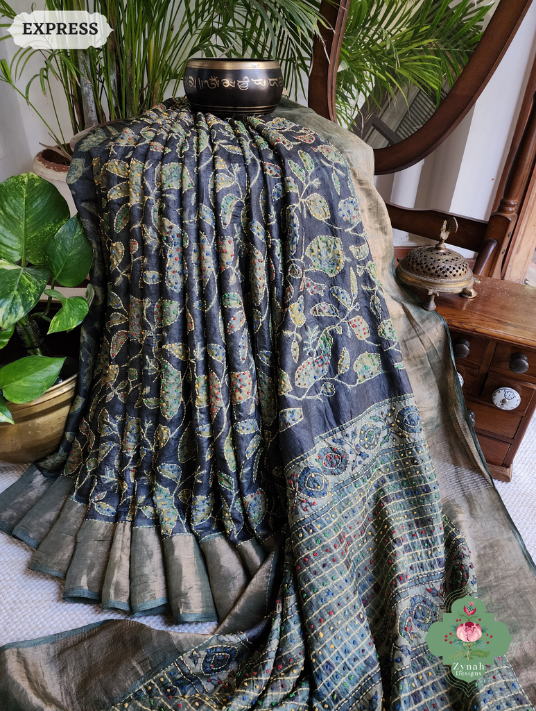 Zynah Black & Green Pure Tussar Silk Hand Block Print Ajrakh Saree With Hand Embroidery; Custom Stitched/Ready-made Blouse, Fall, Petticoat; SKU: 2409202501