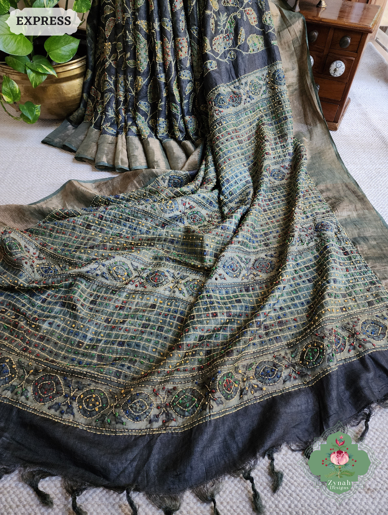 Zynah Black & Green Pure Tussar Silk Hand Block Print Ajrakh Saree With Hand Embroidery; Custom Stitched/Ready-made Blouse, Fall, Petticoat; SKU: 2409202501