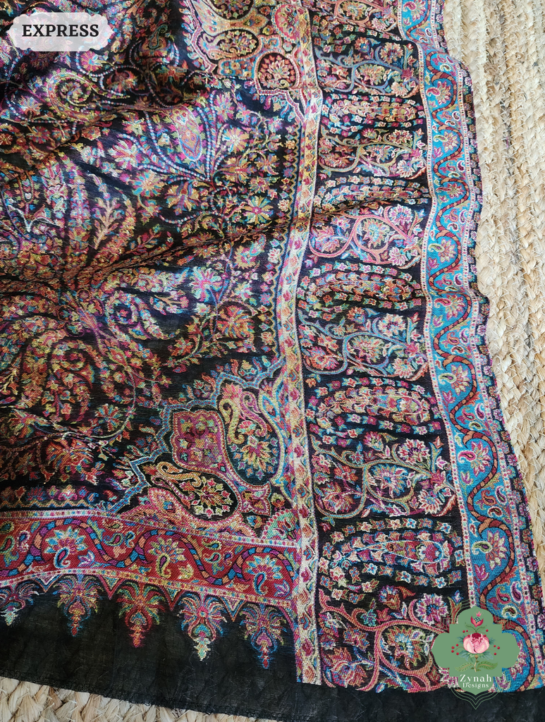 Zynah Black Kashmiri Pure Kani Silk Jamavar Saree; Custom Stitched/Ready-made Blouse, Fall, Petticoat; SKU: 0703202502