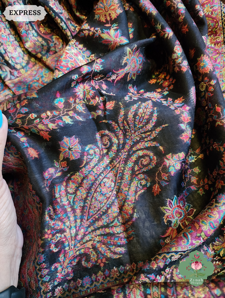 Zynah Black Kashmiri Pure Kani Silk Jamavar Saree; Custom Stitched/Ready-made Blouse, Fall, Petticoat; SKU: 0703202502