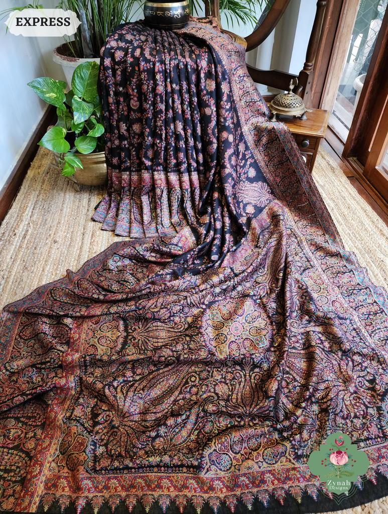 Zynah Black Kashmiri Pure Kani Silk Jamavar Saree; Custom Stitched/Ready-made Blouse, Fall, Petticoat; SKU: 0703202502