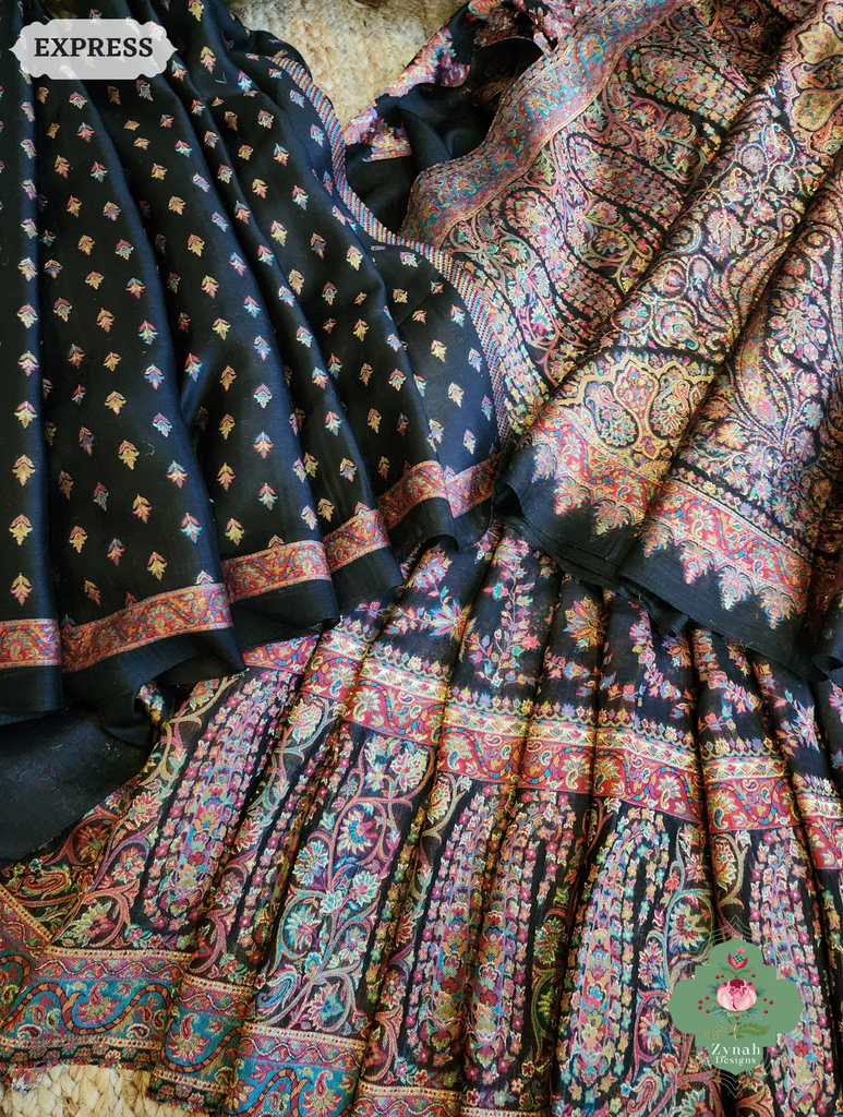 Zynah Black Kashmiri Pure Kani Silk Jamavar Saree; Custom Stitched/Ready-made Blouse, Fall, Petticoat; SKU: 0703202502