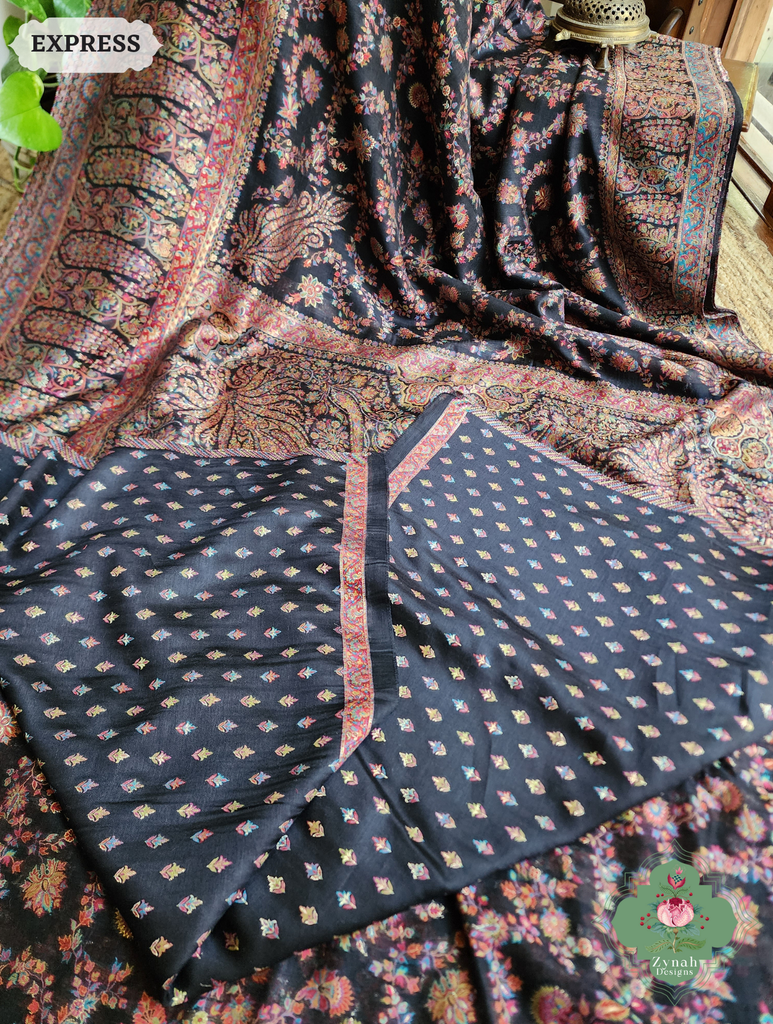 Zynah Black Kashmiri Pure Kani Silk Jamavar Saree; Custom Stitched/Ready-made Blouse, Fall, Petticoat; SKU: 0703202502