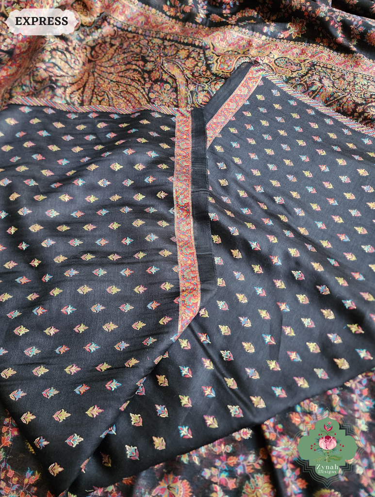 Zynah Black Kashmiri Pure Kani Silk Jamavar Saree; Custom Stitched/Ready-made Blouse, Fall, Petticoat; SKU: 0703202502