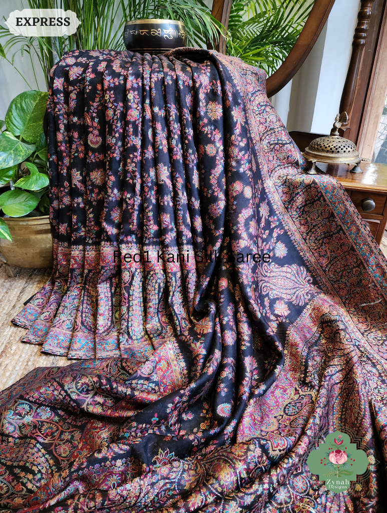 Zynah Black Kashmiri Pure Kani Silk Jamavar Saree; Custom Stitched/Ready-made Blouse, Fall, Petticoat; SKU: 0703202502